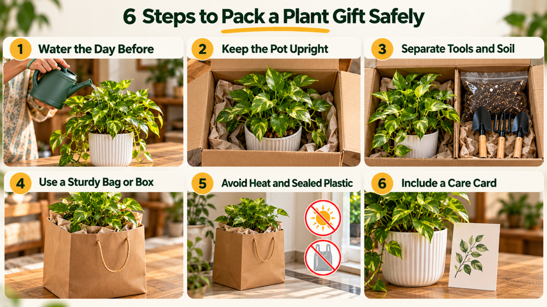 6 Steps to Pack a Plant Gift Safely Six illustrated steps for safely packing a Money Plant gift, including watering, secure packaging, and care instructions.